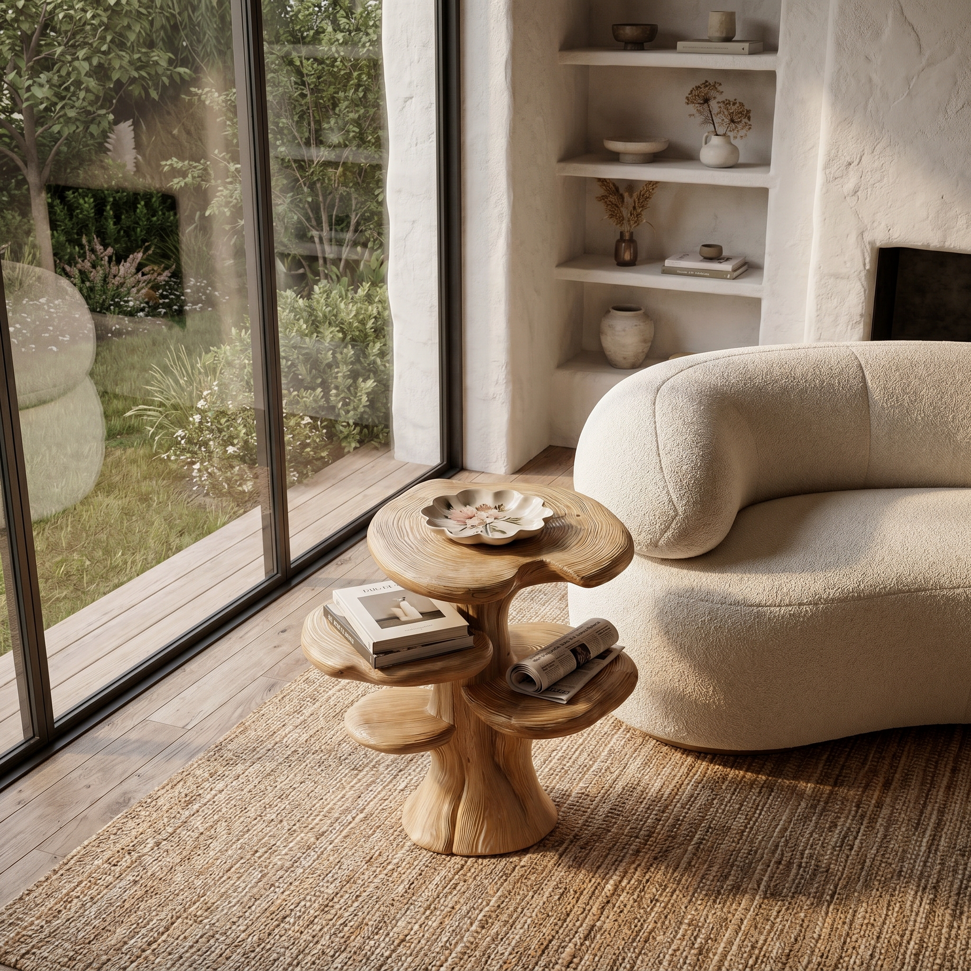 Organic Sculptural Beside Table With Tiered Solid Wood Shelves For Living Room SINLHABT262