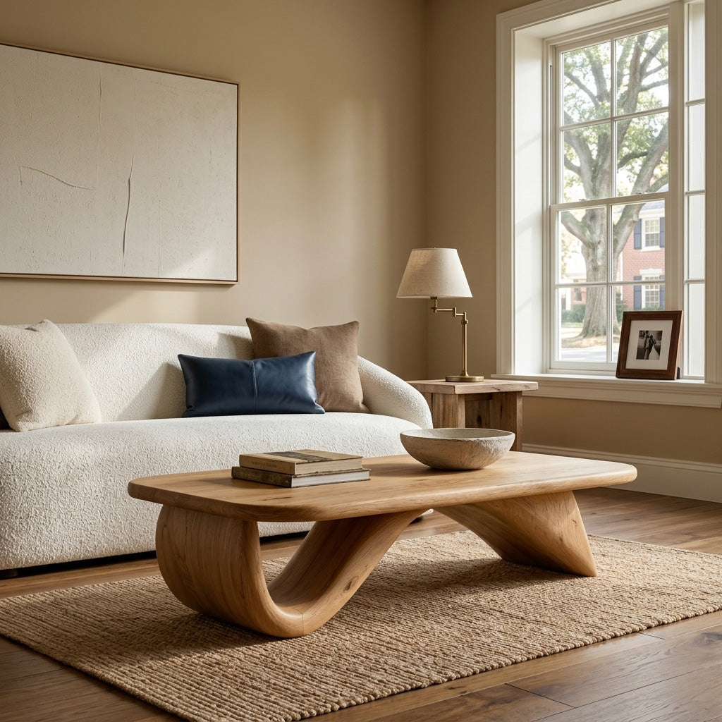 Organic Wood Coffee Table With Sculpted Curved Base For Living