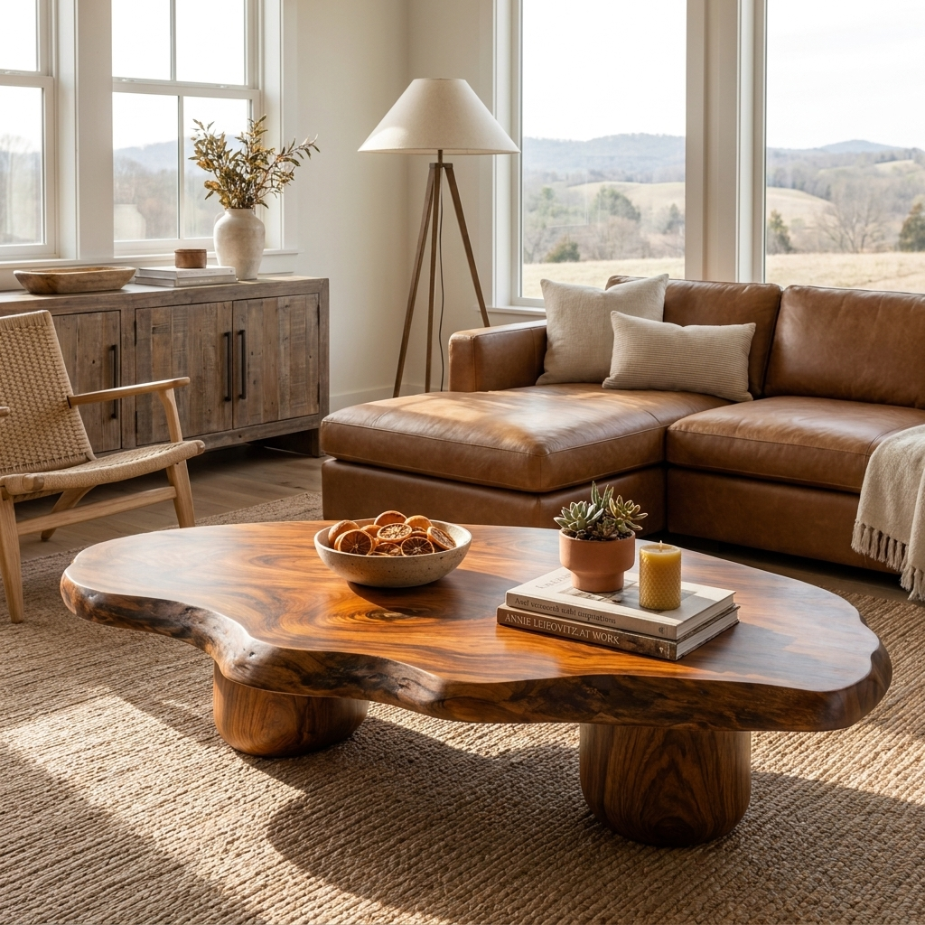 Wooden Coffee Table With Live Edge For Modern Living Room