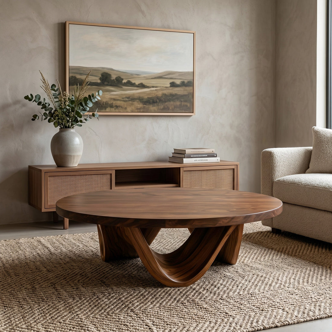 Contemporary Round Coffee Table With Continuously Curved Base For Living