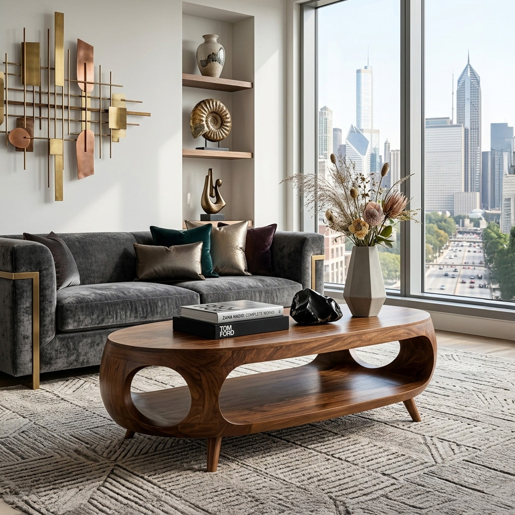 Sculptural Oval Coffee Table With Shelf For Living Room