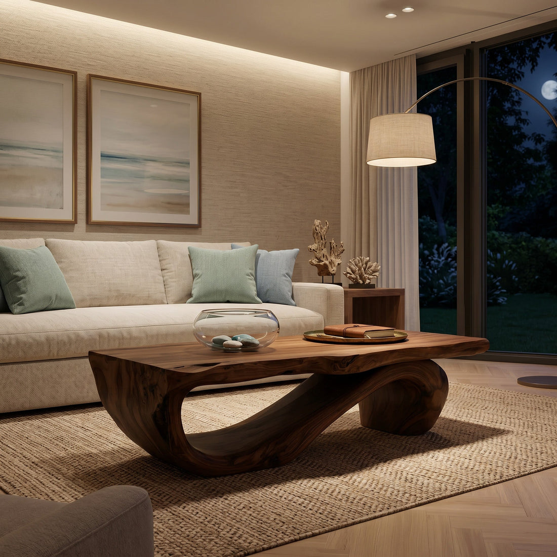 Organic Coffee Table With Carved Wood Base For Living Room