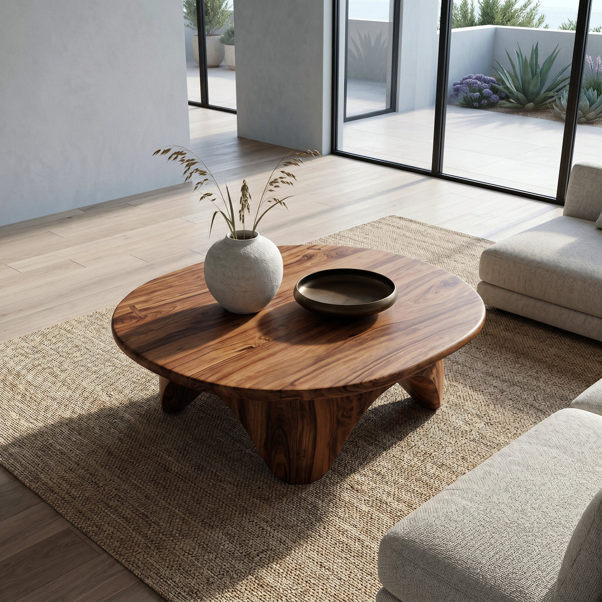 Organic Coffee Table With Carved Base For Living Room