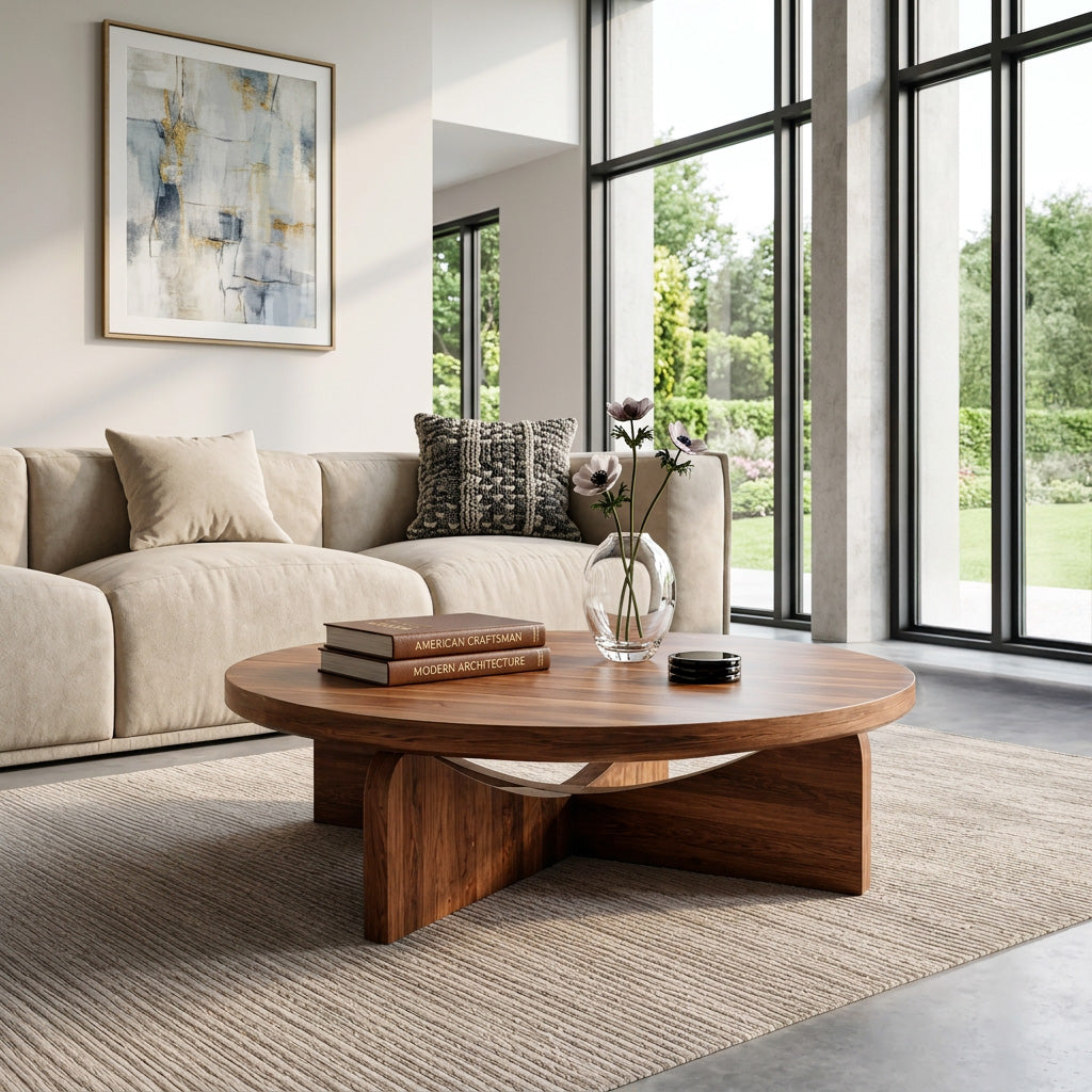 Modern Round Wood Coffee Table With Unique Base For Living