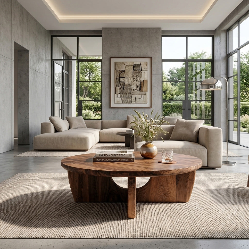 Round Wooden Coffee Table Unique Base Design For Home
