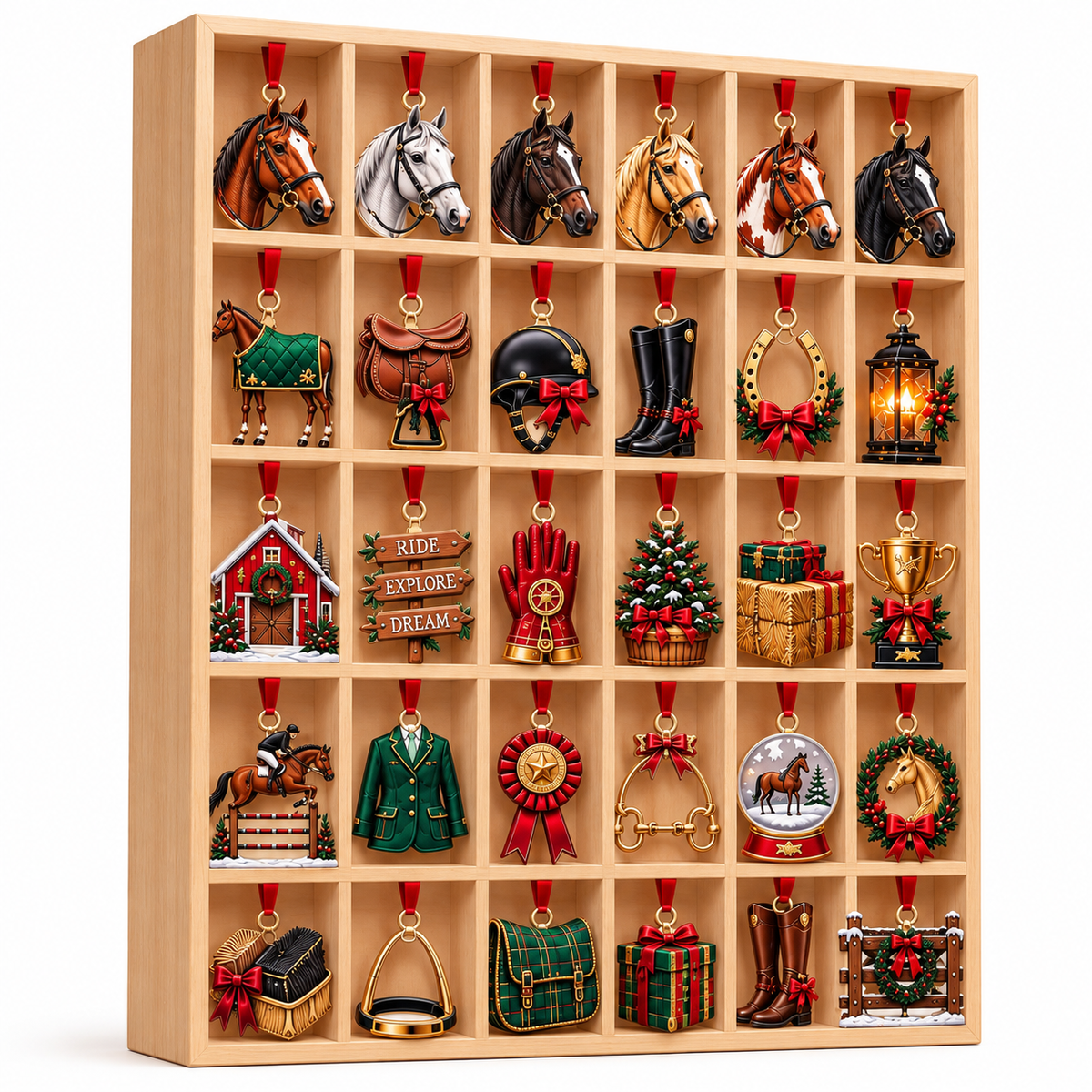 Personalized Equestrian Advent Calendar 2026 with Custom Name, 24 Horse and Stable Ornaments, Christmas Countdown Gift