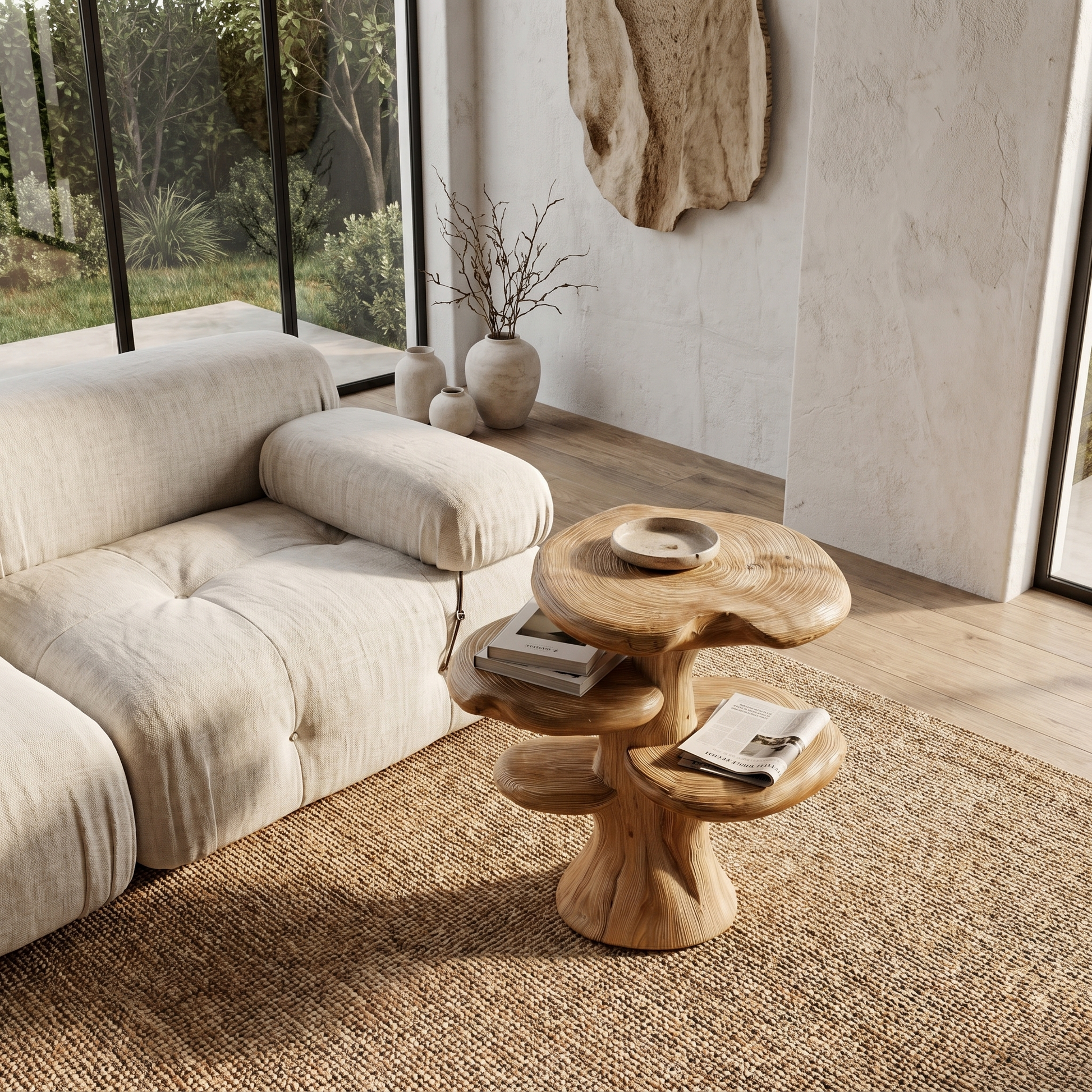 Organic Sculptural Beside Table With Tiered Solid Wood Shelves For Living Room SINLHABT262