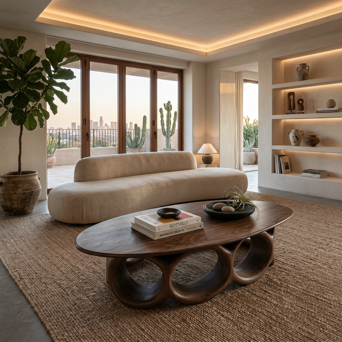 Modern Oval Coffee Table With Sculptural Hollow Base For Living