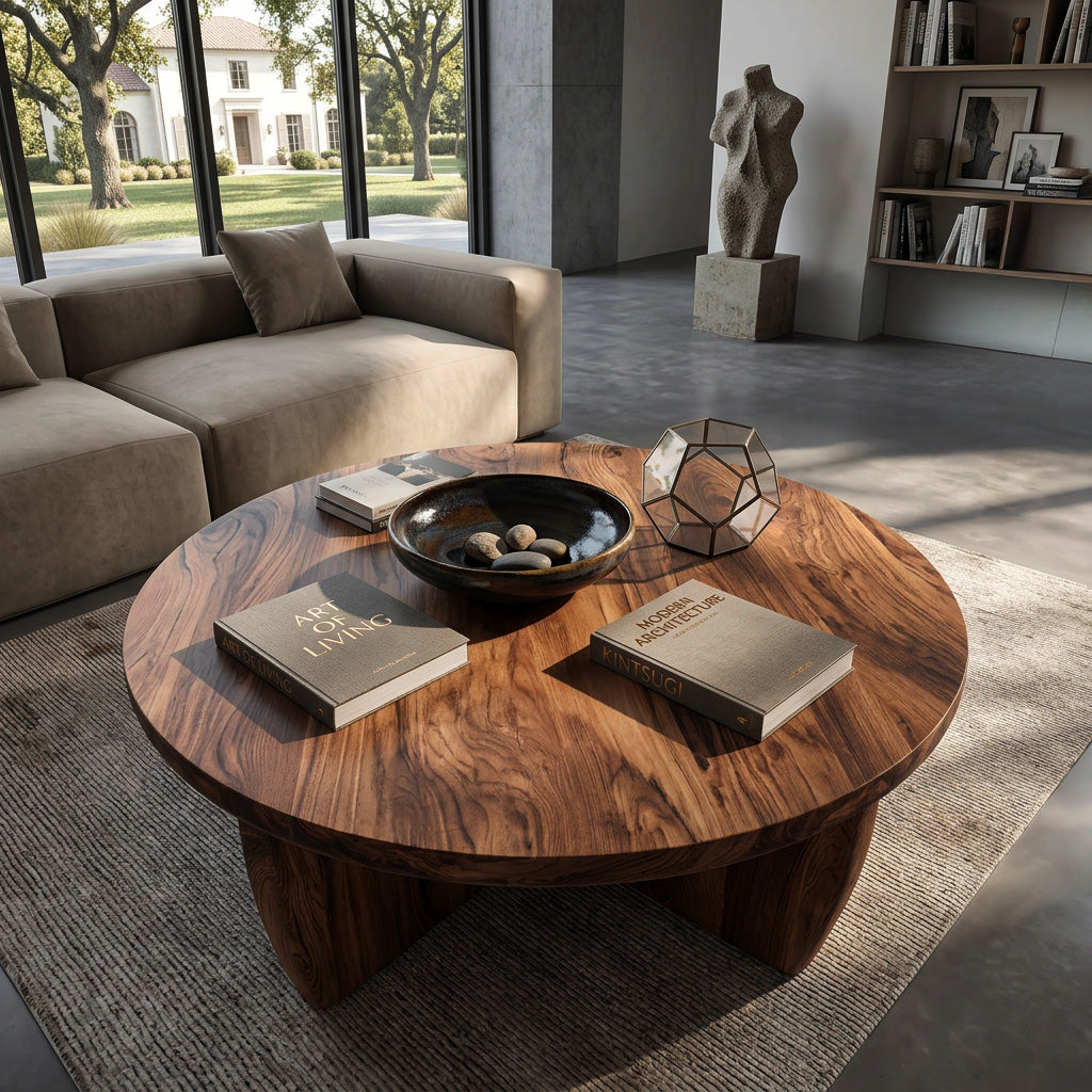 Round Wooden Coffee Table Unique Base Design For Home