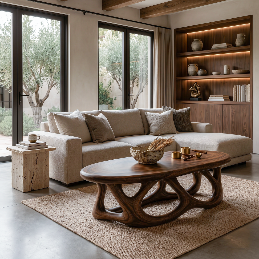 Luxury Oval Coffee Table With Interlocking Sculptural Base For Living