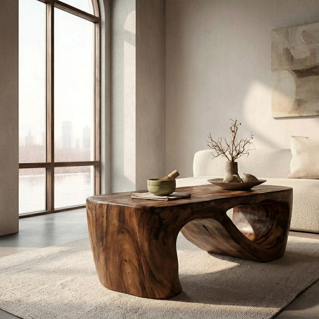 Minimalist Natural Wood Coffee Table With Sculptural Form For Living