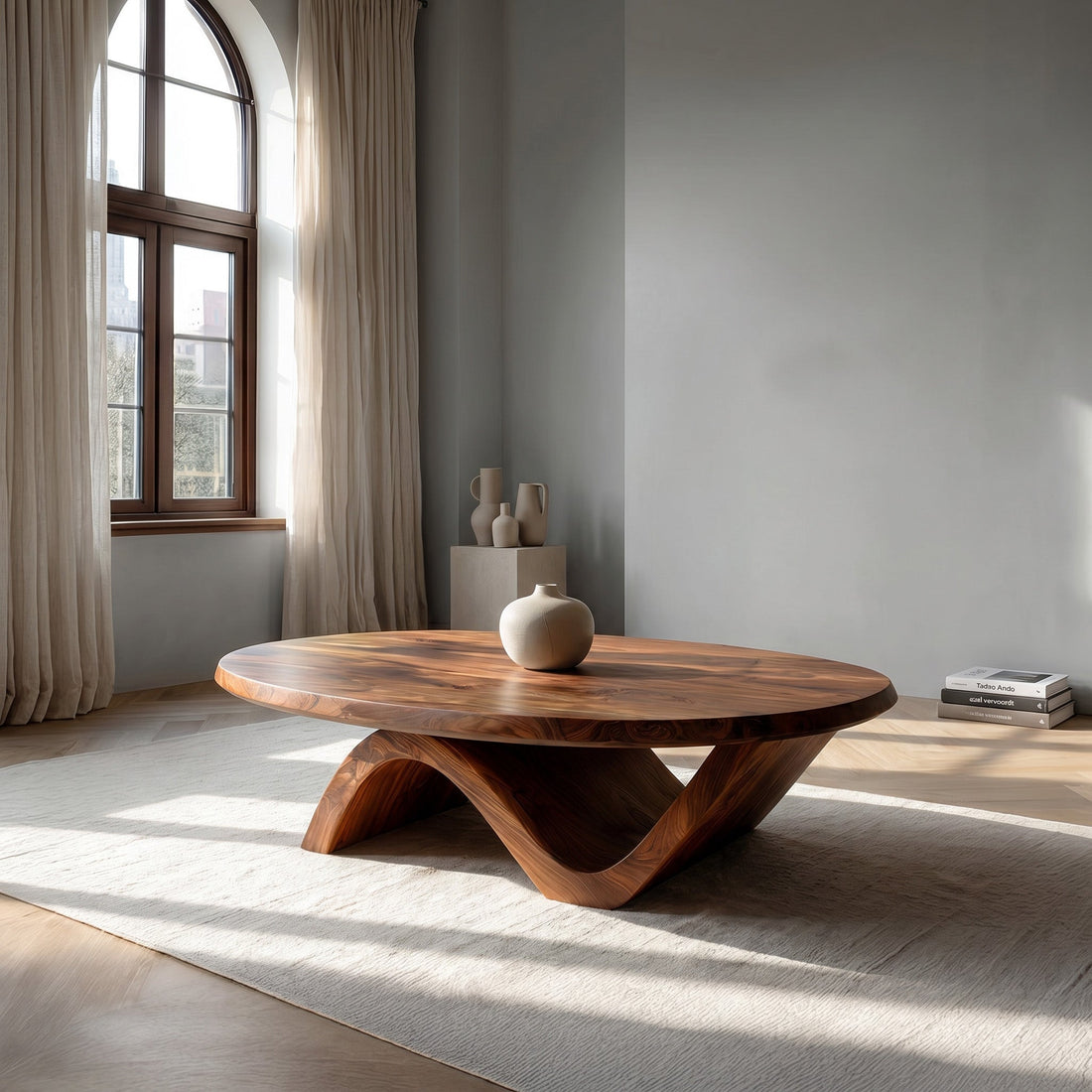 Sculptural Round Coffee Table With Curved Base For Home Decor