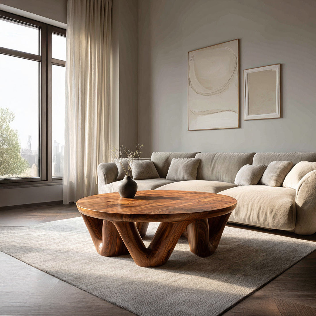 Modern Round Coffee Table With Flowing Sculptural Base For Home