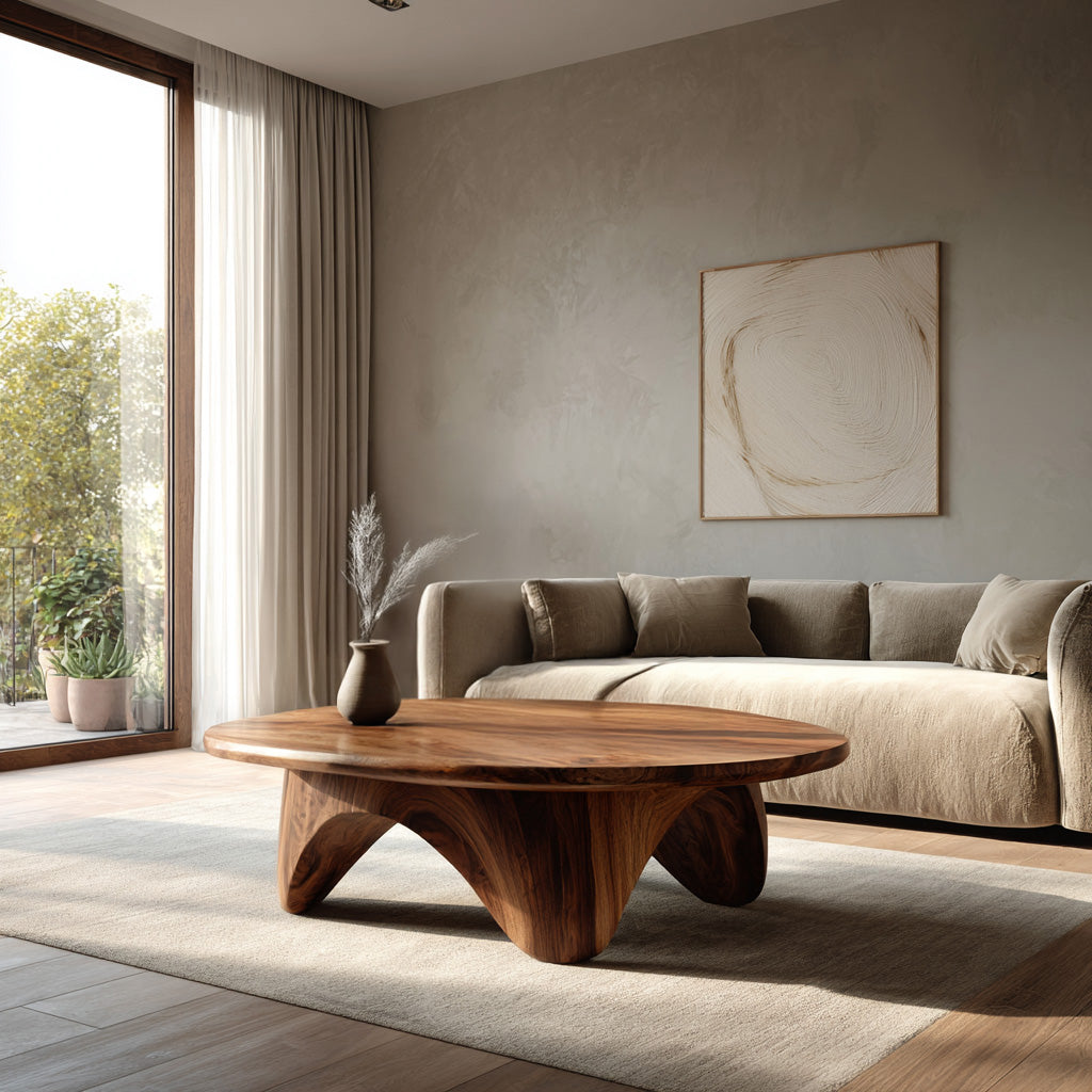 Organic Coffee Table With Carved Base For Living Room