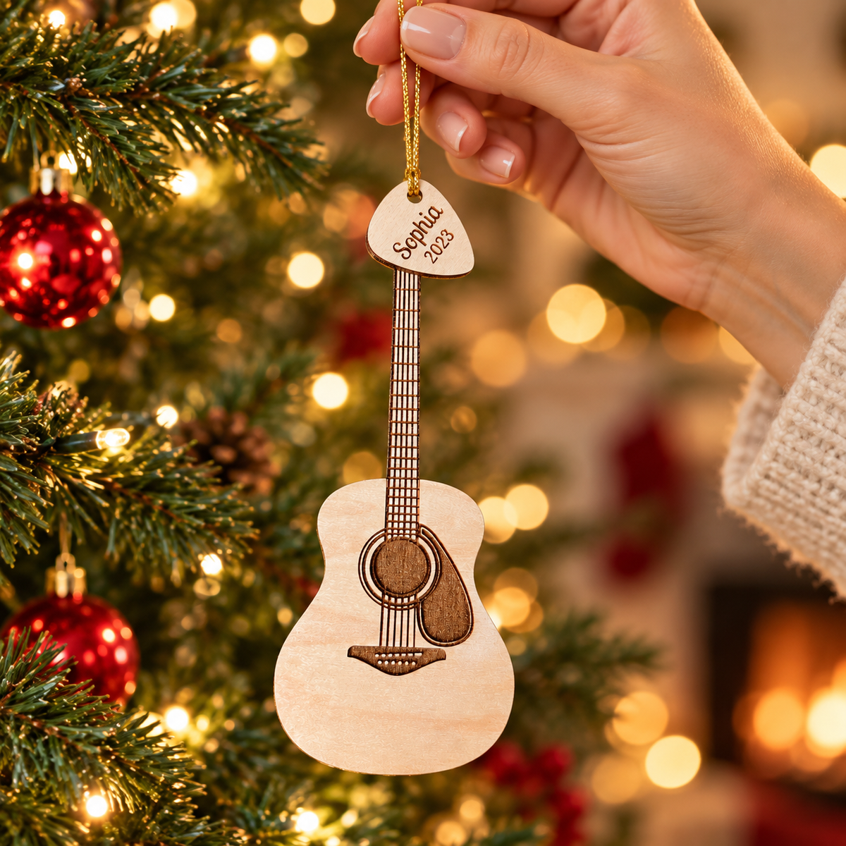 Personalized Acoustic Guitar Christmas Ornament with Custom Name and Year Pick – Gift for Guitarist