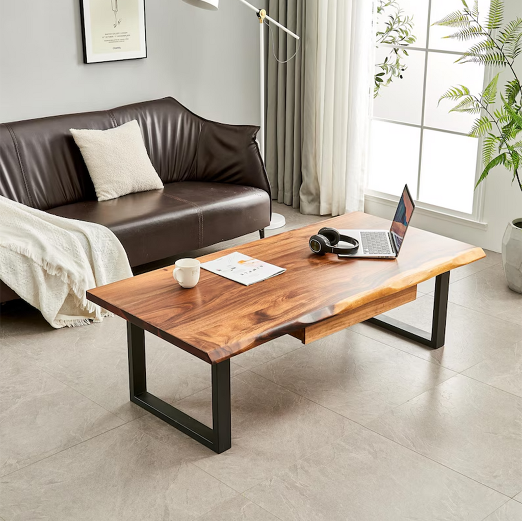 Hand Crafted Live Edge Coffee Table – Modern Rustic Solid Wood with Steel Frame