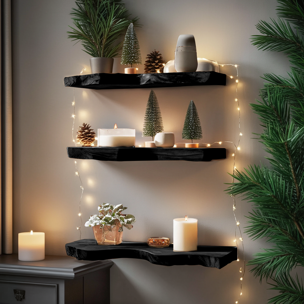 Mid Century Wooden Floating Shelf For Holiday Living Room Setup
