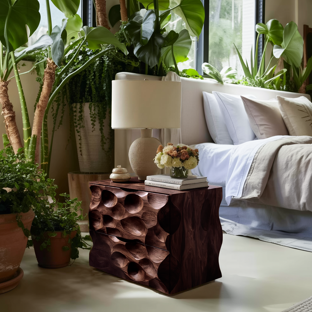 Carved Nightstand With Two Drawers For Bedroom SITHTTNS013