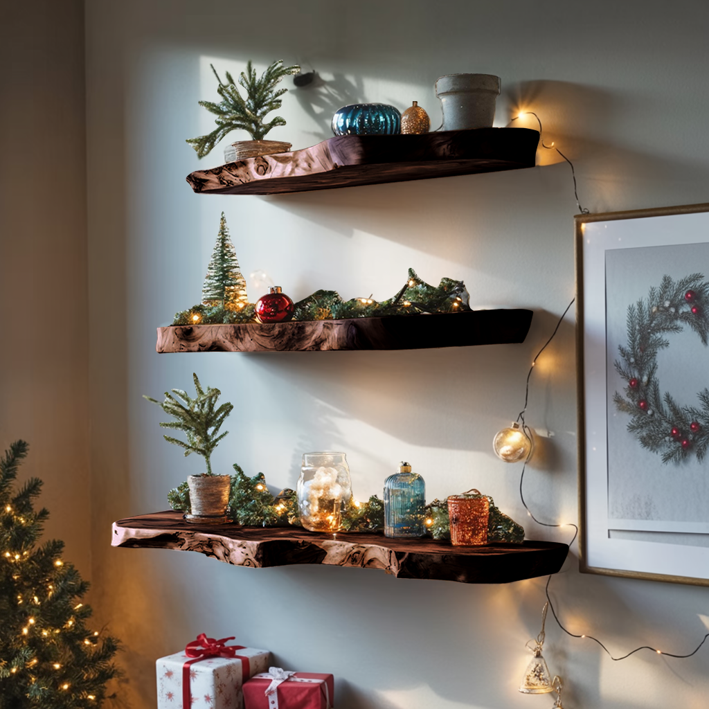 Mid Century Live Edge Floating Shelf For Xmas Bedroom Decoration
