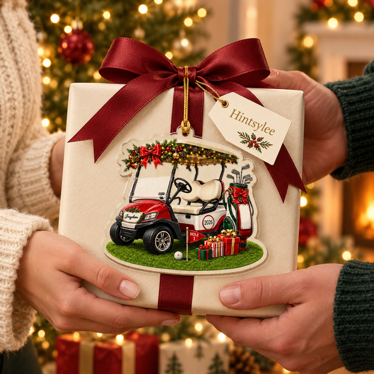 Personalized Golf Cart Christmas Ornament, Custom Name and 2026 Acrylic Golfer Decoration