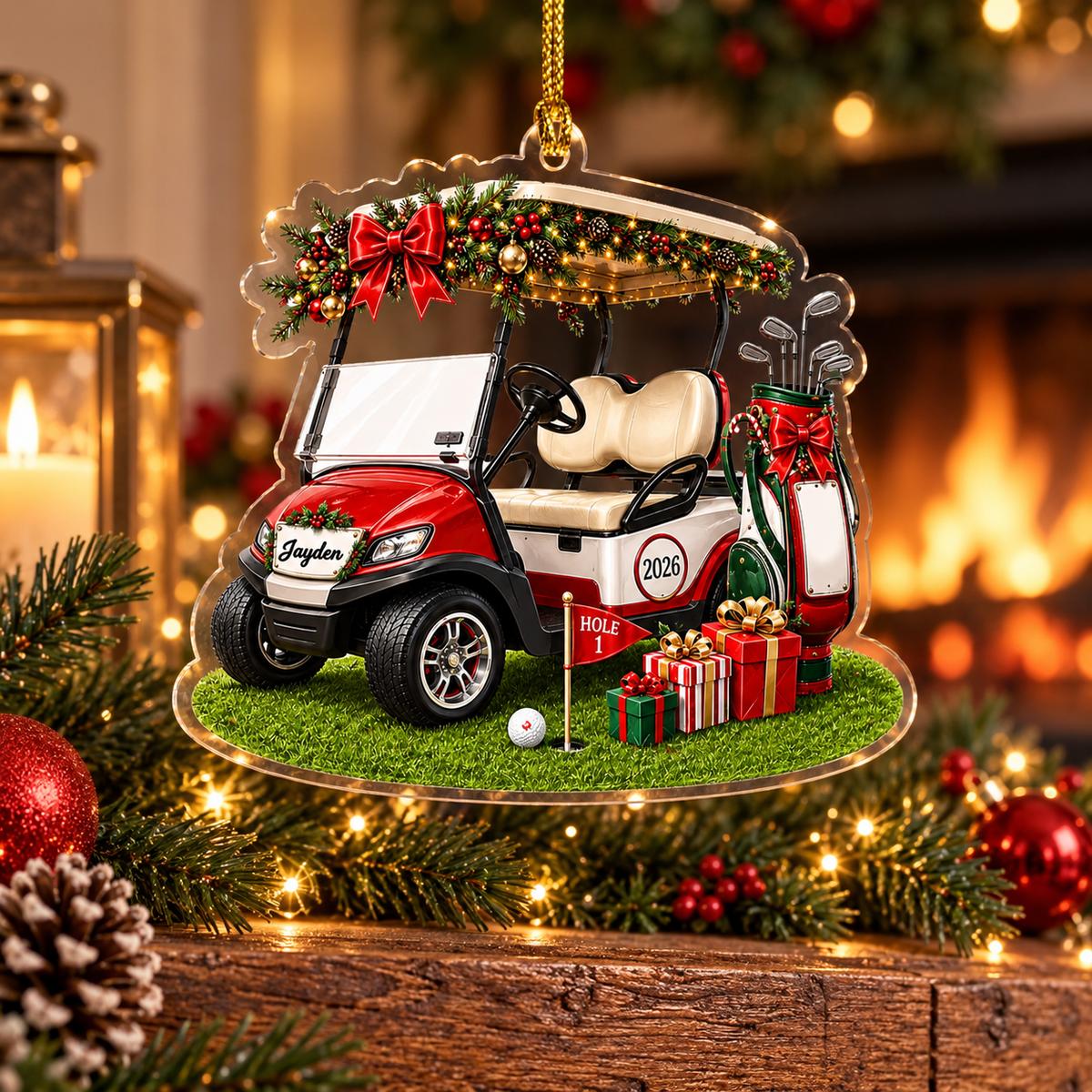 Personalized Golf Cart Christmas Ornament, Custom Name and 2026 Acrylic Golfer Decoration