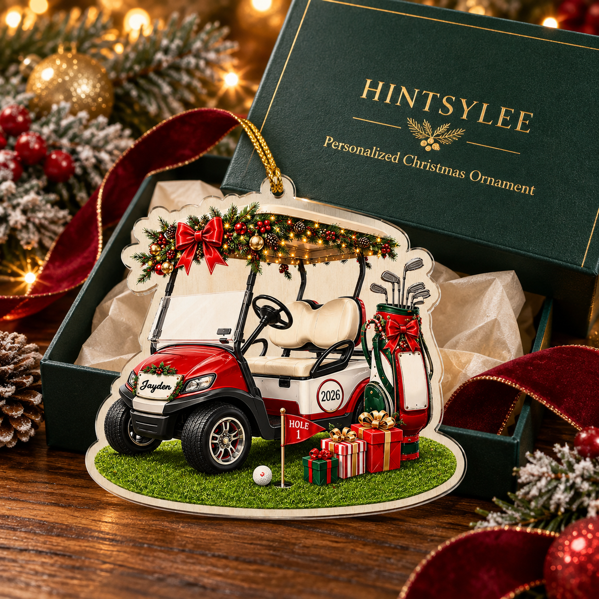 Personalized Golf Cart Christmas Ornament, Custom Name and 2026 Acrylic Golfer Decoration
