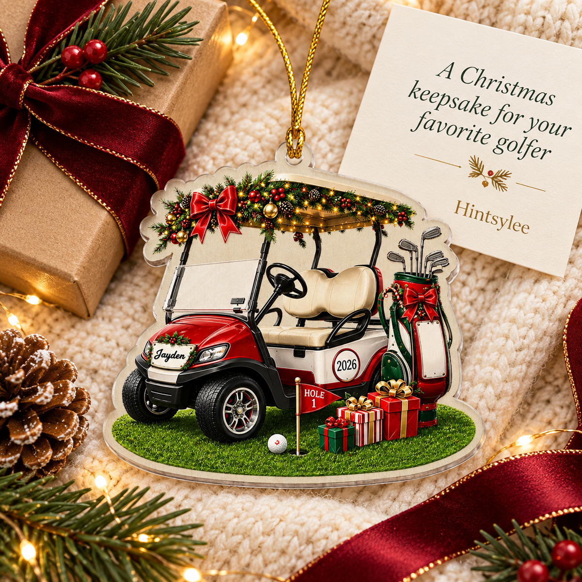 Personalized Golf Cart Christmas Ornament, Custom Name and 2026 Acrylic Golfer Decoration