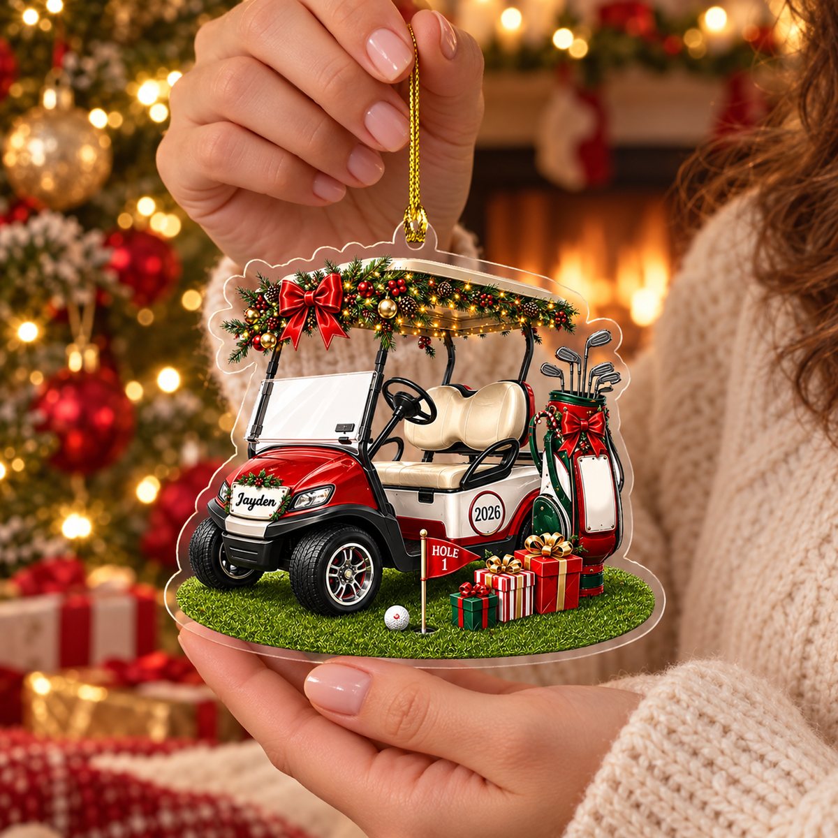 Personalized Golf Cart Christmas Ornament, Custom Name and 2026 Acrylic Golfer Decoration