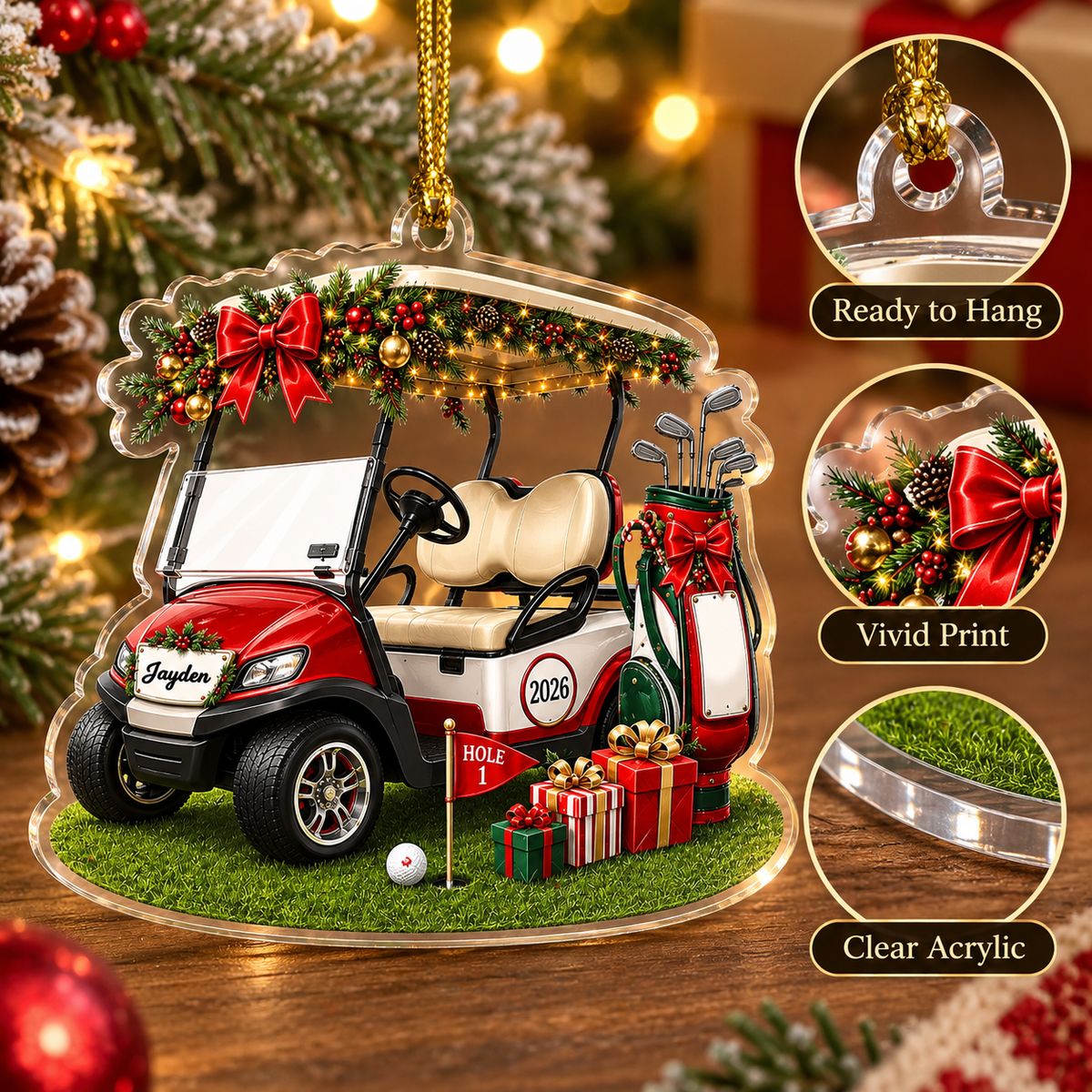 Personalized Golf Cart Christmas Ornament, Custom Name and 2026 Acrylic Golfer Decoration