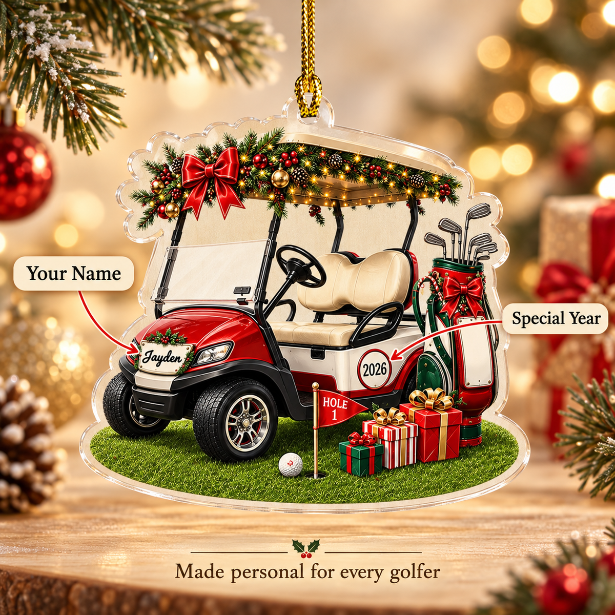 Personalized Golf Cart Christmas Ornament, Custom Name and 2026 Acrylic Golfer Decoration