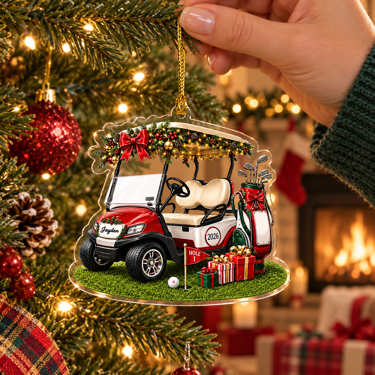 Personalized Golf Cart Christmas Ornament, Custom Name and 2026 Acrylic Golfer Decoration