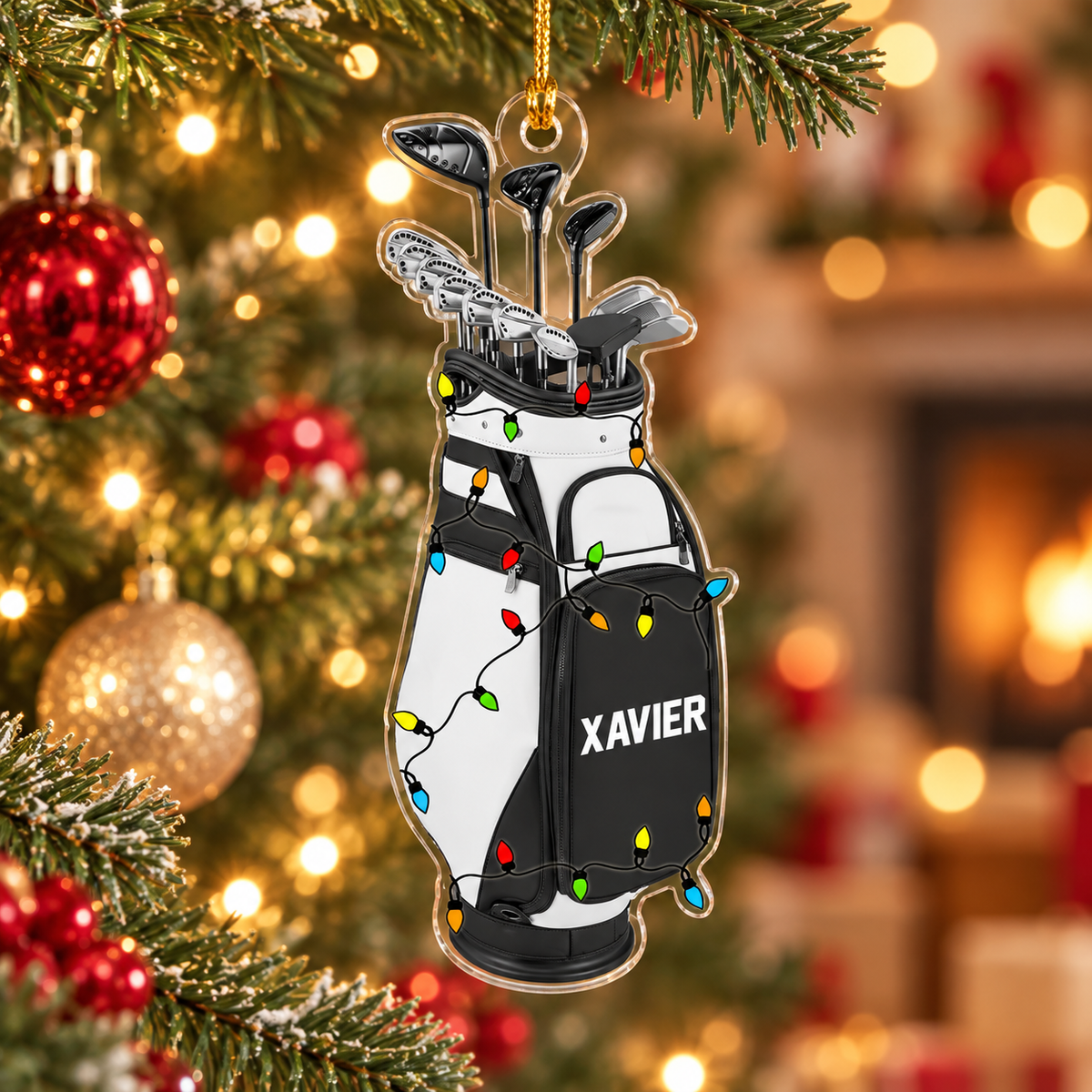 Personalized Golf Bag Christmas Ornament, Custom Name Acrylic Tree Decoration with Holiday Lights