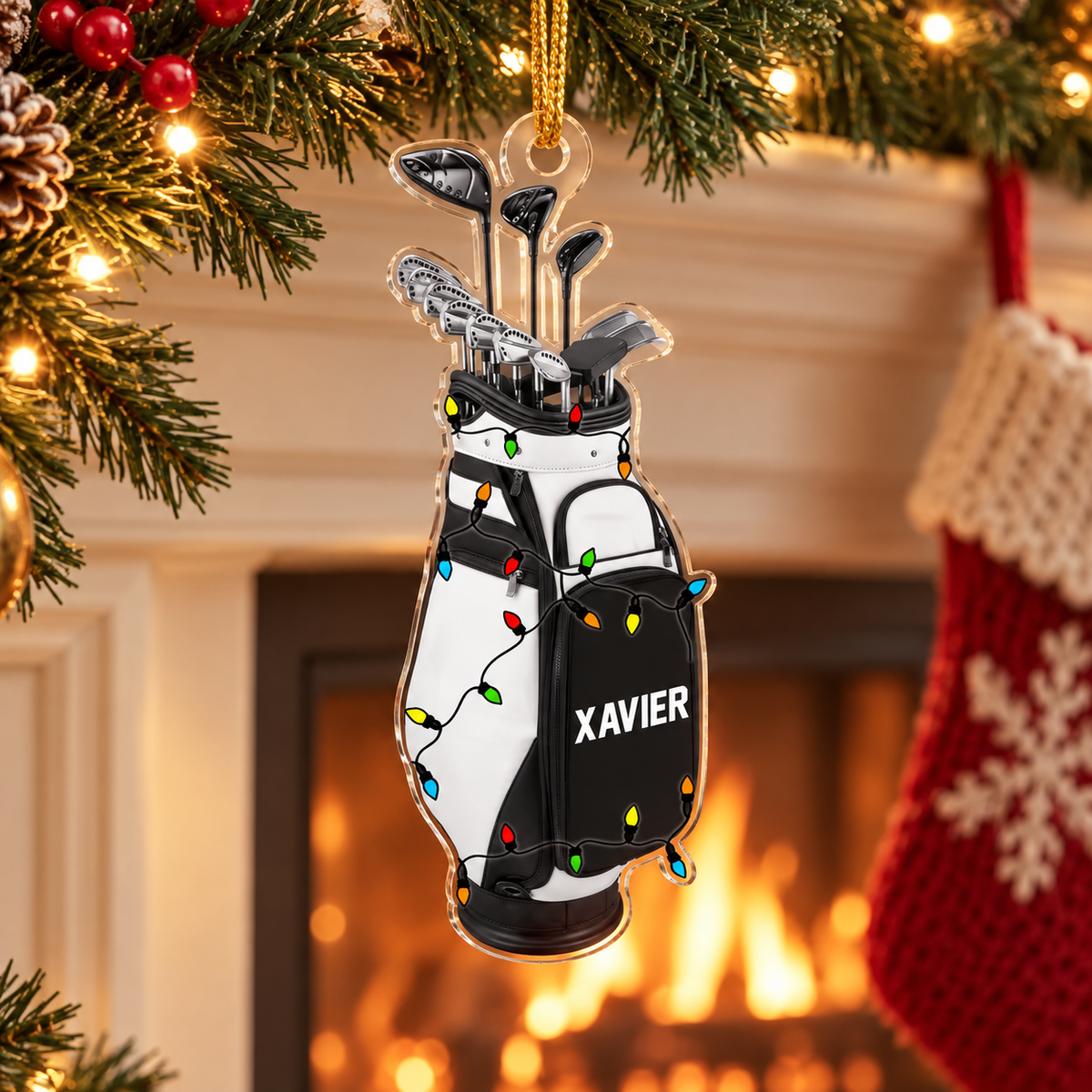 Personalized Golf Bag Christmas Ornament, Custom Name Acrylic Tree Decoration with Holiday Lights