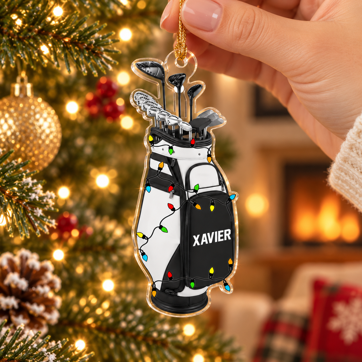 Personalized Golf Bag Christmas Ornament, Custom Name Acrylic Tree Decoration with Holiday Lights