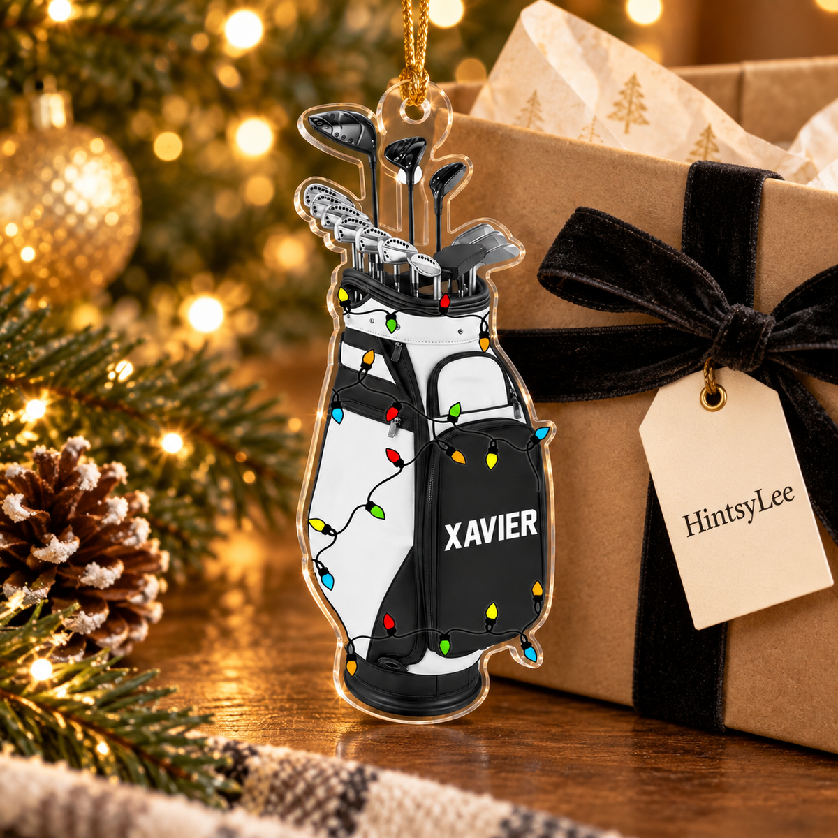 Personalized Golf Bag Christmas Ornament, Custom Name Acrylic Tree Decoration with Holiday Lights