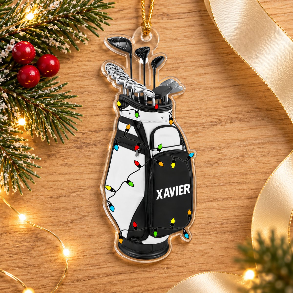 Personalized Golf Bag Christmas Ornament, Custom Name Acrylic Tree Decoration with Holiday Lights