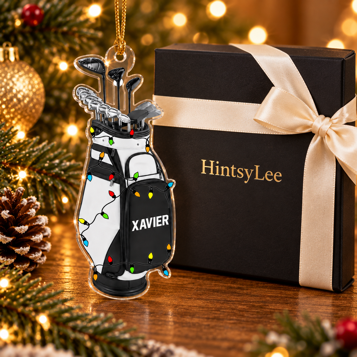 Personalized Golf Bag Christmas Ornament, Custom Name Acrylic Tree Decoration with Holiday Lights