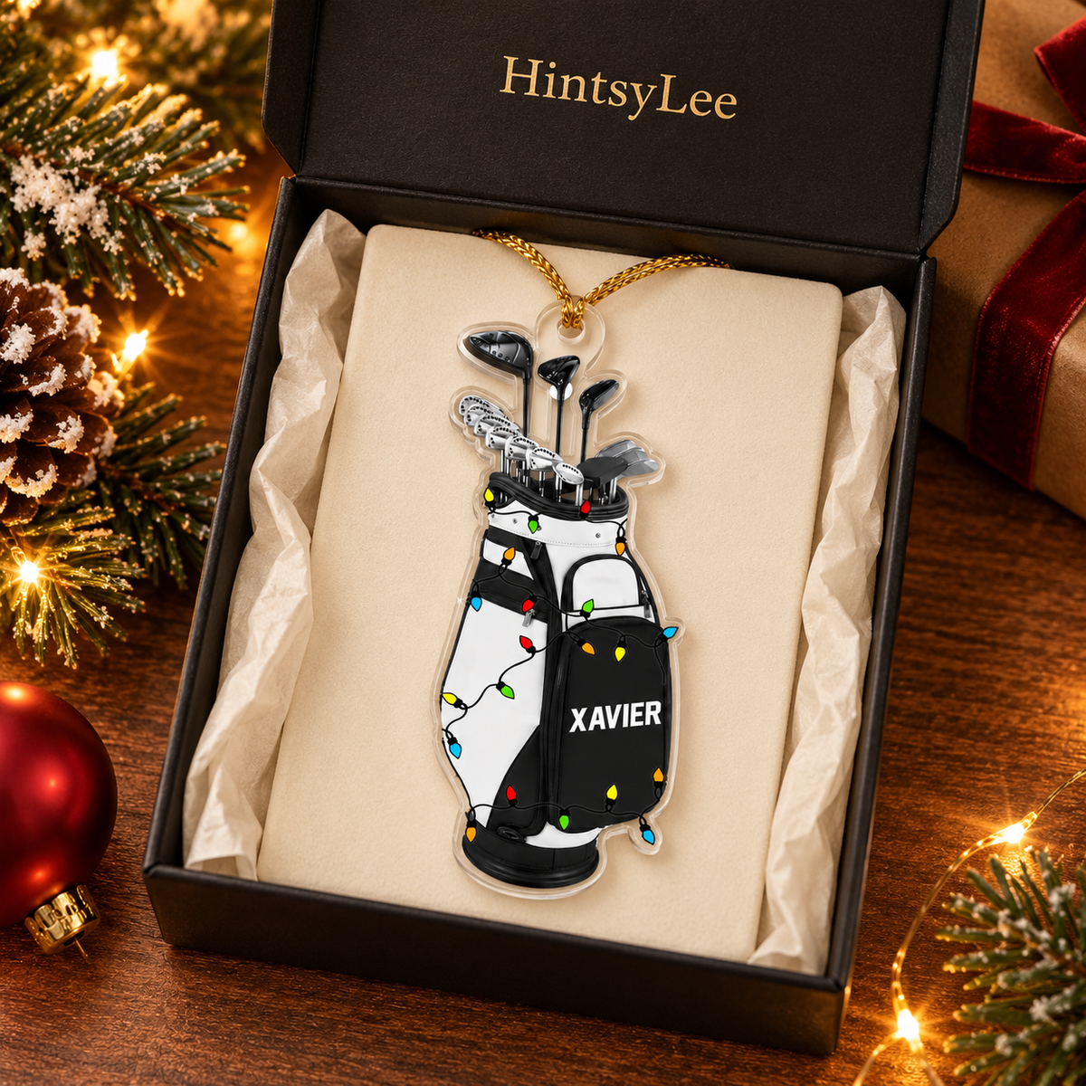 Personalized Golf Bag Christmas Ornament, Custom Name Acrylic Tree Decoration with Holiday Lights