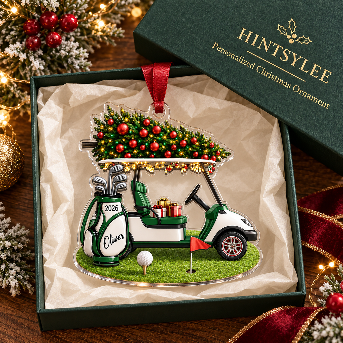 Personalized Golf Cart Christmas Ornament, Custom Name and 2026 Acrylic Decoration for Golfers