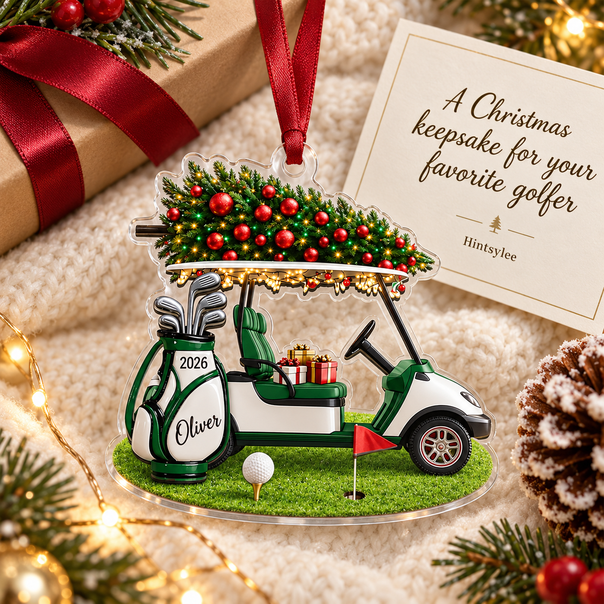 Personalized Golf Cart Christmas Ornament, Custom Name and 2026 Acrylic Decoration for Golfers