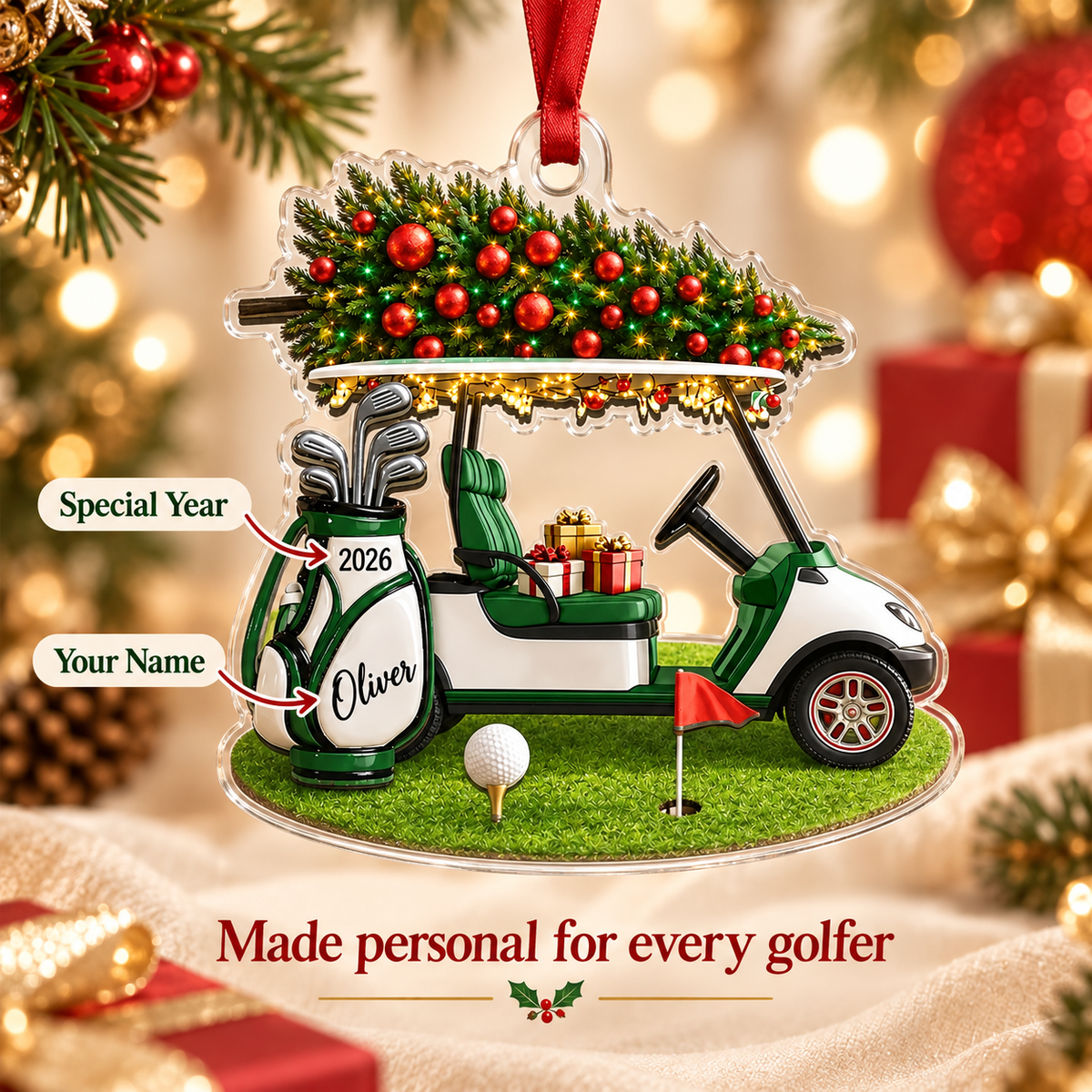 Personalized Golf Cart Christmas Ornament, Custom Name and 2026 Acrylic Decoration for Golfers