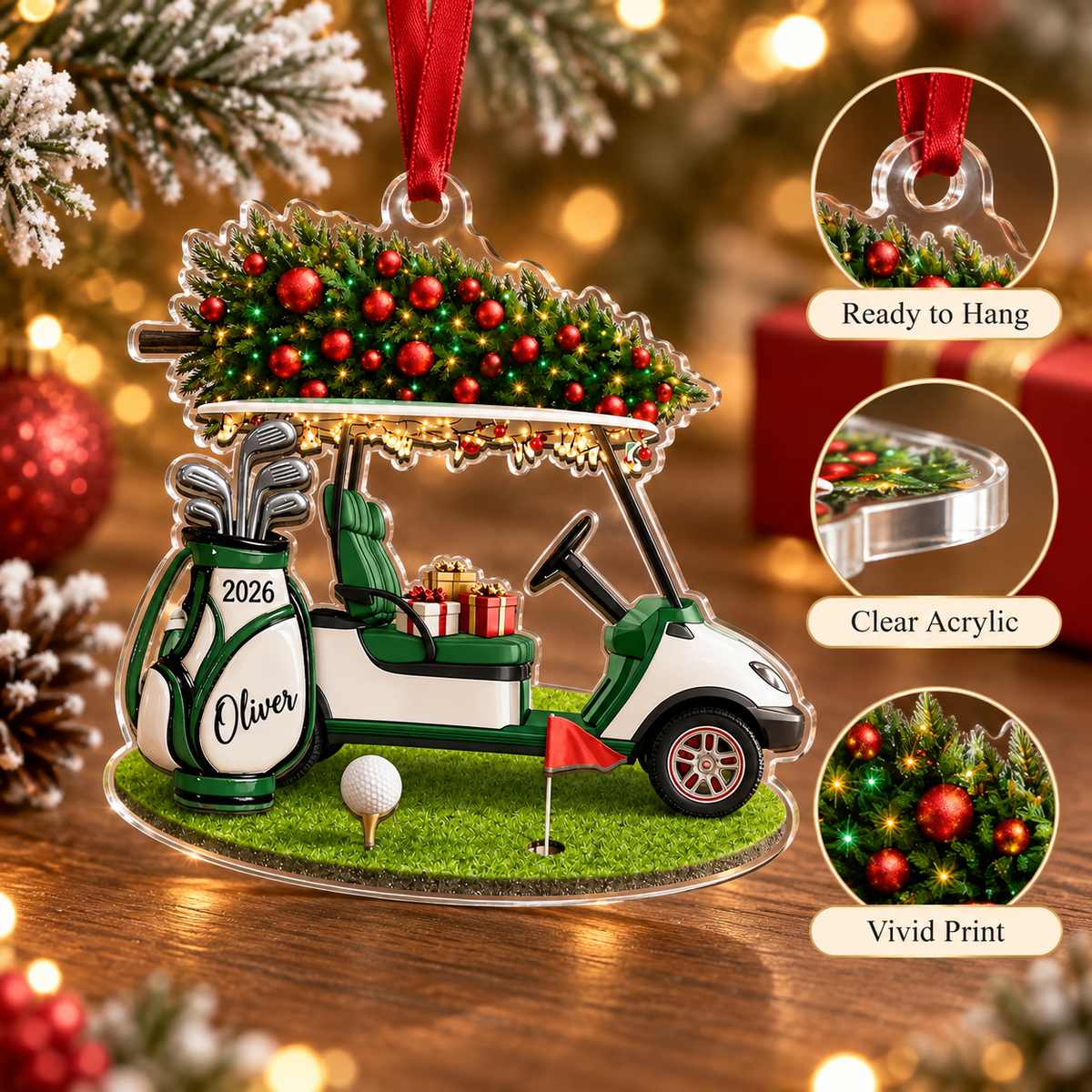Personalized Golf Cart Christmas Ornament, Custom Name and 2026 Acrylic Decoration for Golfers