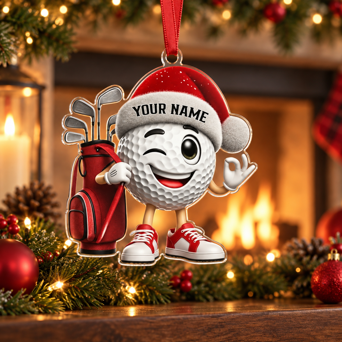 Personalized Golf Christmas Ornament, Custom Name Cartoon Golf Ball Acrylic Tree Decoration
