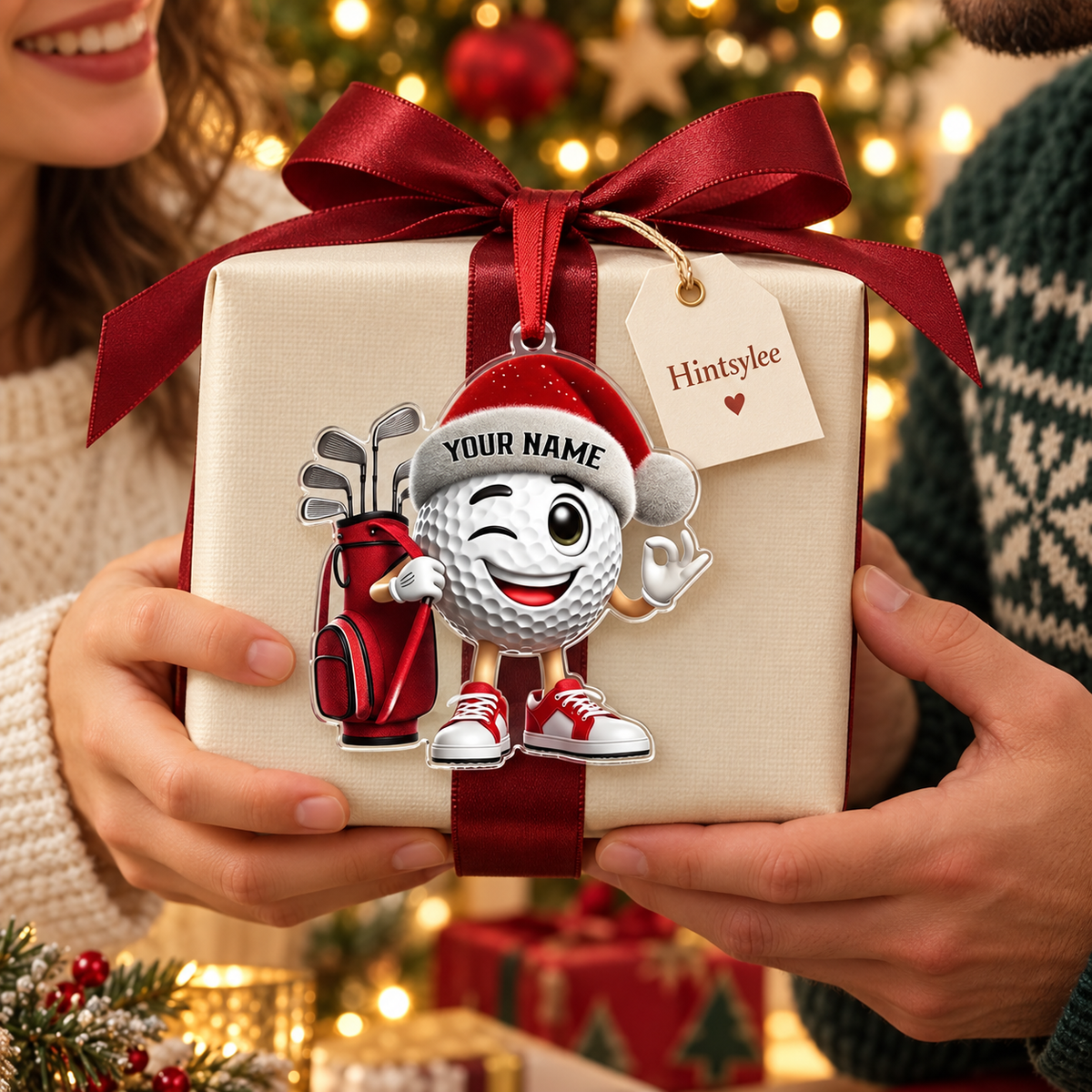 Personalized Golf Christmas Ornament, Custom Name Cartoon Golf Ball Acrylic Tree Decoration