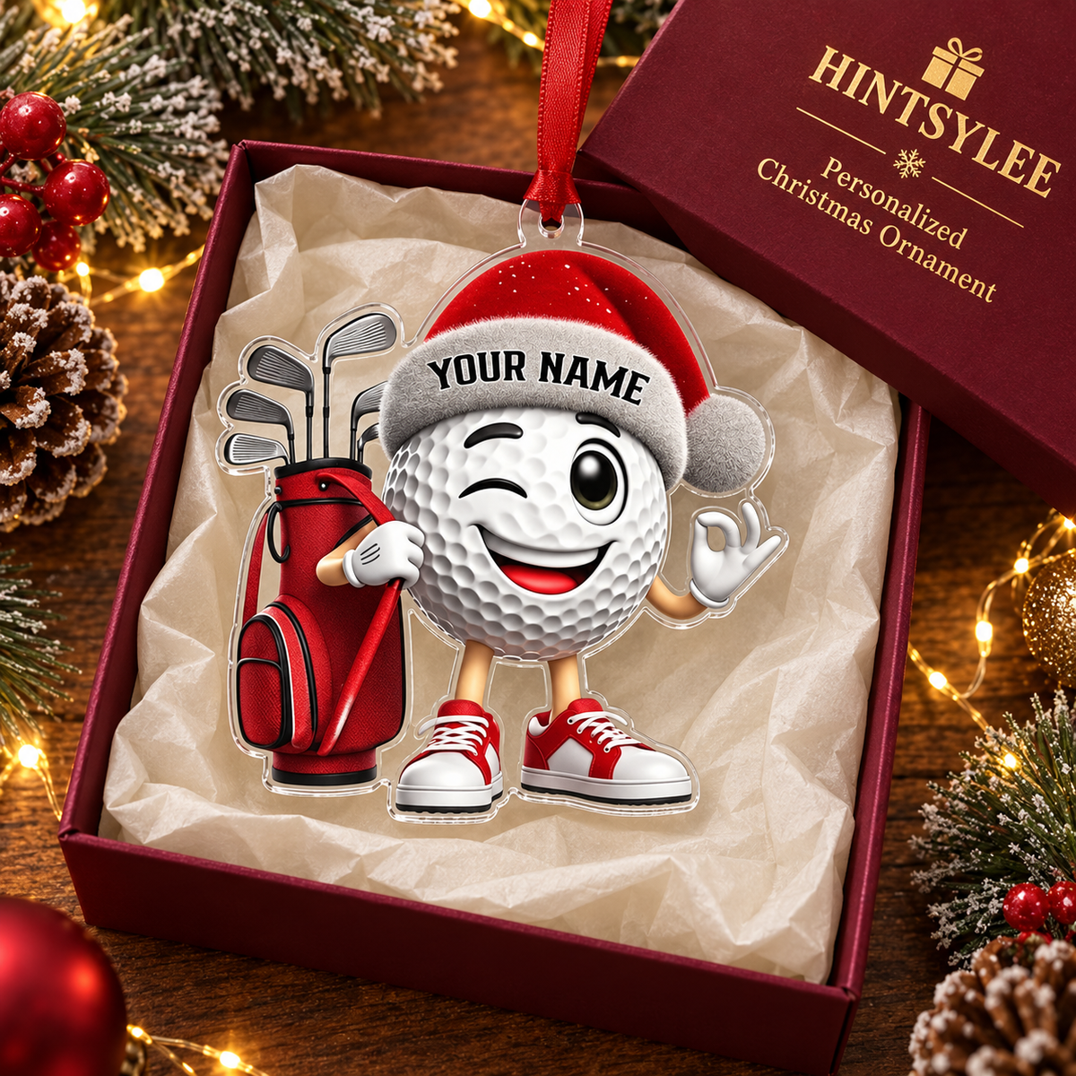 Personalized Golf Christmas Ornament, Custom Name Cartoon Golf Ball Acrylic Tree Decoration