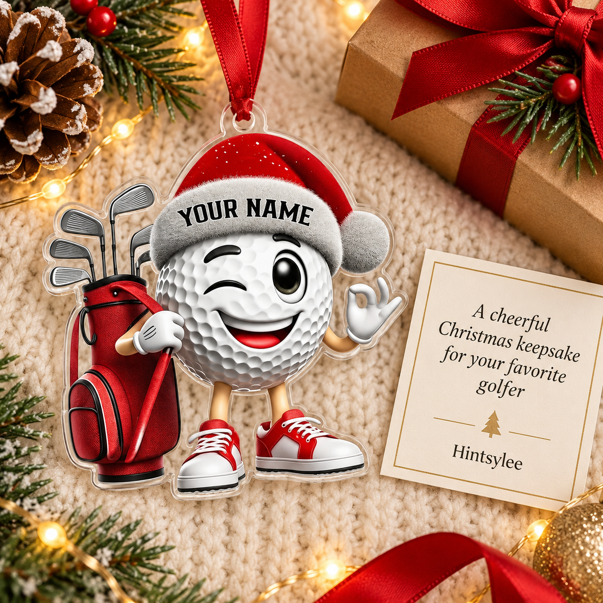 Personalized Golf Christmas Ornament, Custom Name Cartoon Golf Ball Acrylic Tree Decoration