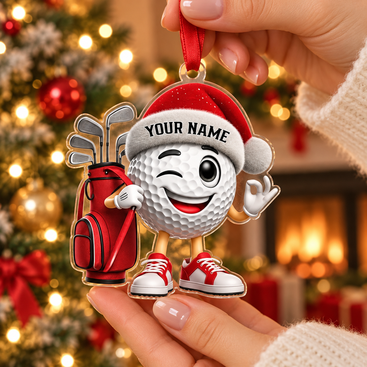 Personalized Golf Christmas Ornament, Custom Name Cartoon Golf Ball Acrylic Tree Decoration