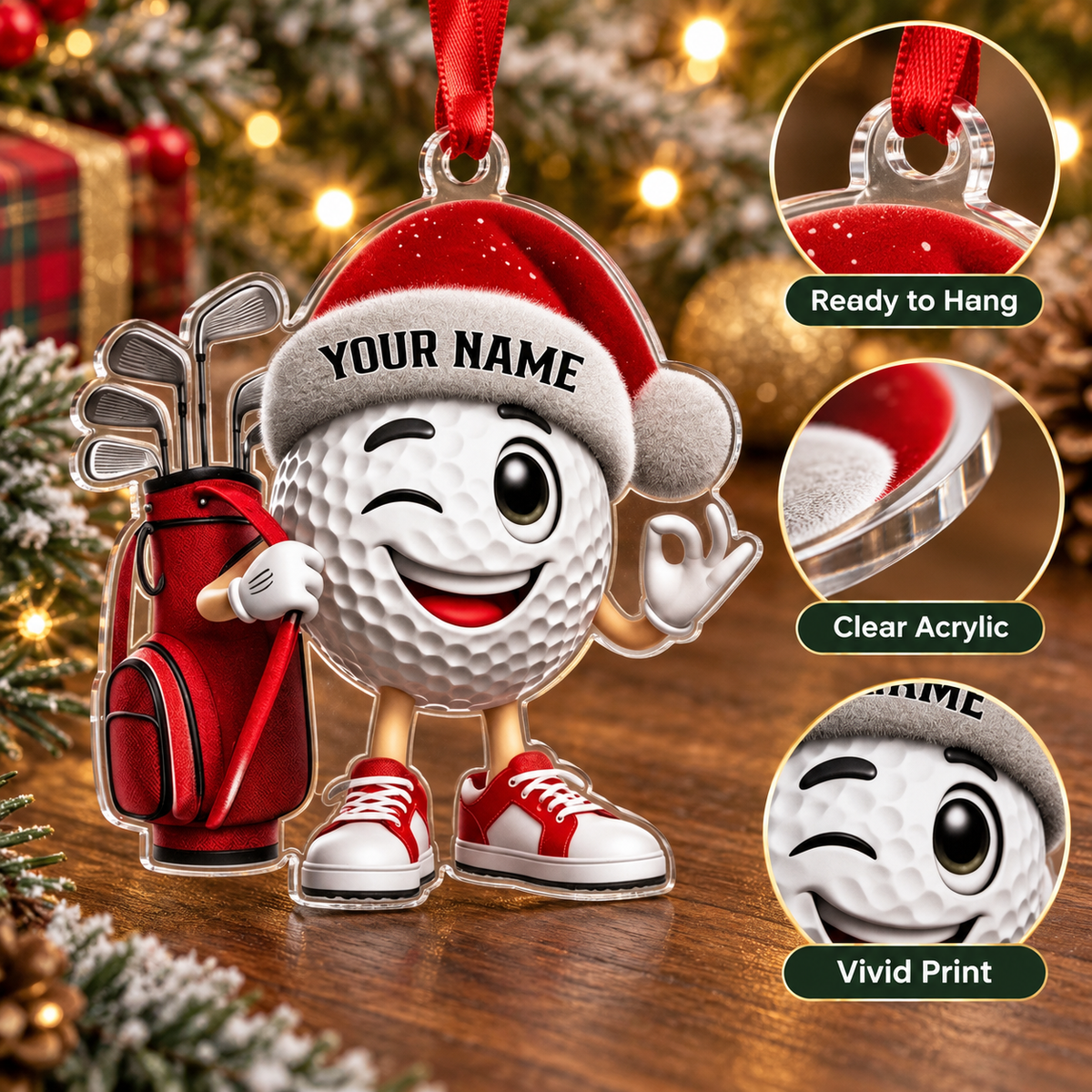 Personalized Golf Christmas Ornament, Custom Name Cartoon Golf Ball Acrylic Tree Decoration