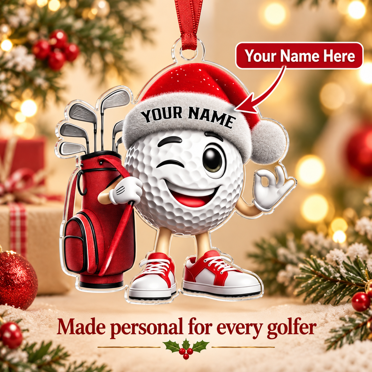 Personalized Golf Christmas Ornament, Custom Name Cartoon Golf Ball Acrylic Tree Decoration