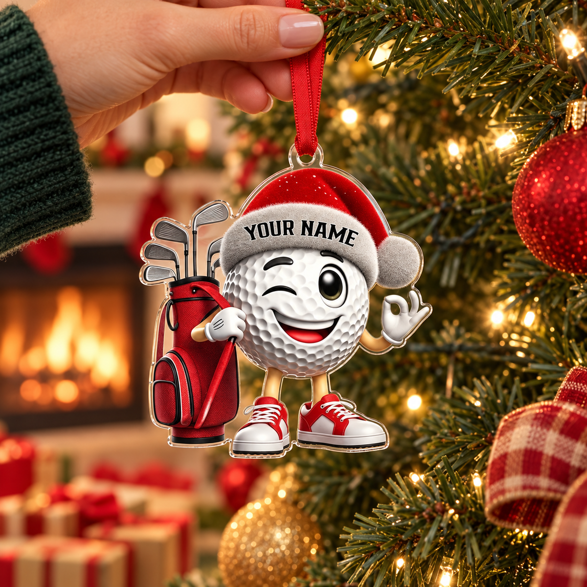 Personalized Golf Christmas Ornament, Custom Name Cartoon Golf Ball Acrylic Tree Decoration